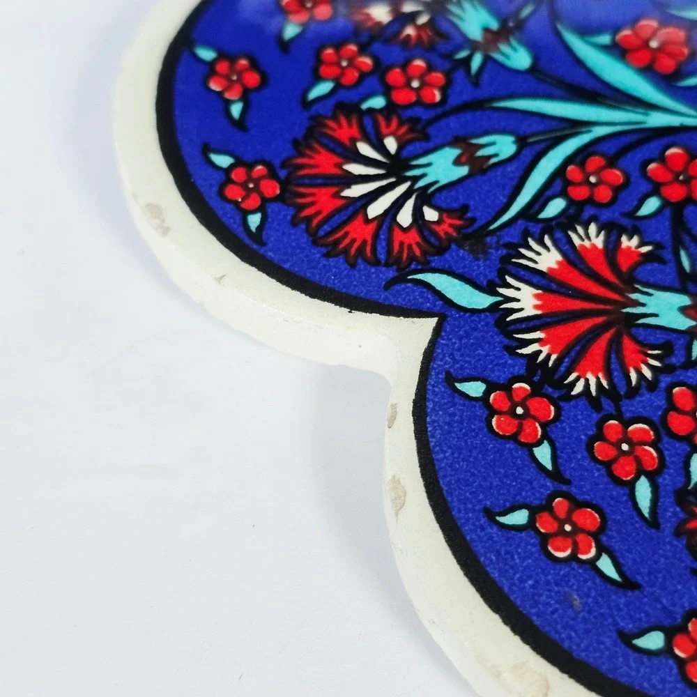 Vintage Turkish Ceramic Trivet Iznik Floral Scalloped Hot Plate Made in Turkey
